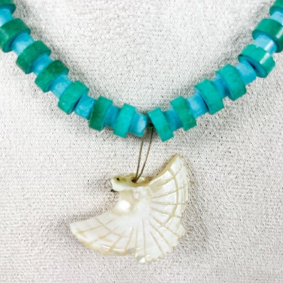 Southwestern Turquoise & Wood Heishi Necklace With Mother Of Pearl Eagle Pendant - Picture 2 of 5